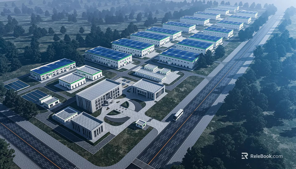 Neatly Arranged Modern Industrial Factory Buildings With Surrounding Roads And Green Trees 3d model 