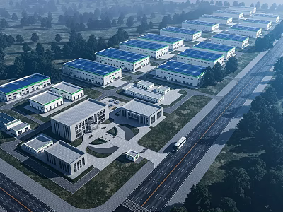 Neatly Arranged Modern Industrial Factory Buildings With Surrounding Roads And Green Trees 3d model