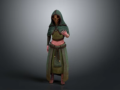 Man Wearing Green Hooded Robe With Intricate Design Standing Against Simple Gray Background 3d model