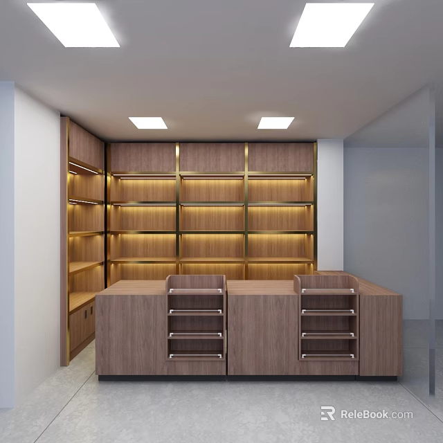 Elegant Modern Cashier Counter Design With Wooden Shelves And Warm Lighting 3d model 