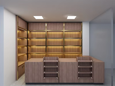 Elegant Modern Cashier Counter Design With Wooden Shelves And Warm Lighting 3d model