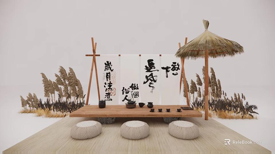 Traditional Outdoor Setting With Chinese Calligraphy Scrolls Thatched Umbrella And Reed Plants 3d model 
