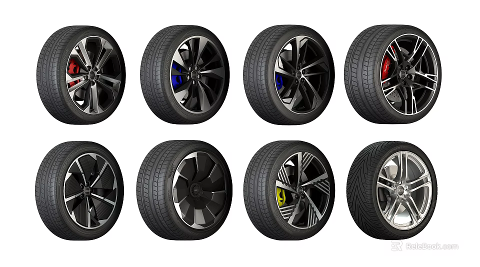 Stylish Automotive Tires Featuring Modern Alloy Wheels And Various Rim Designs 3d model 