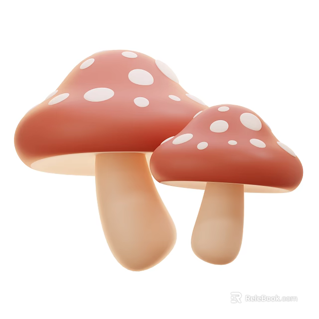 Two Fresh Red Mushrooms With White Spots In Cute 3D Design 3d model 