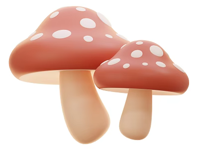 Two Fresh Red Mushrooms With White Spots In Cute 3D Design 3d model