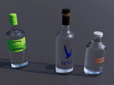 Three Clear Glass Wine Bottles Featuring Stylish Labels and Various Colored Caps 3d model