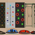Kids Indoor Play Area With Climbing Wall Colorful Grips Rope Net And Round Mats