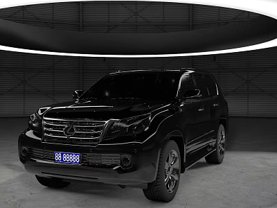 Black SUV Vehicle Parked In Indoor Area With Curved Ceiling And Gray Floors 3d model