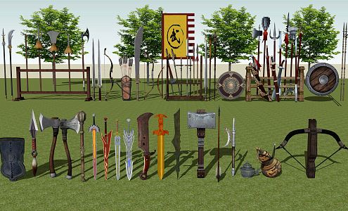 Chinese-style Weapon Cold Weapon Swords Bow and Arrow Battle Spear Shield Weapon Rack 3d model