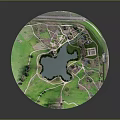 Modern Park Landscape Design With Lake Green Space Paths And Buildings