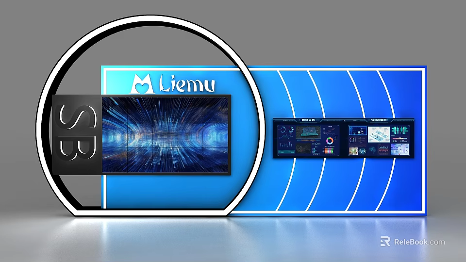 Modern Blue Display Shelves Featuring Curved Structure Display Screen And Liemu Logo 3d model 