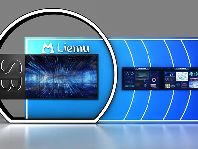 Modern Blue Display Shelves Featuring Curved Structure Display Screen And Liemu Logo 3d model