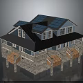 Modern House With Blue Solar Panel Roof Stone Base Porches Wooden Stairs And Multiple Windows