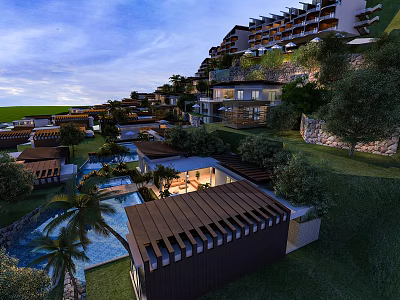 Aerial View Planning of Hillside Resort with Buildings Pools Greenery and Evening Lighting 3d model
