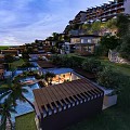Aerial View Planning of Hillside Resort with Buildings Pools Greenery and Evening Lighting
