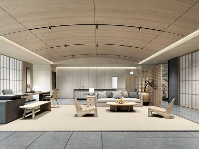 Modern Lounge Area With Wooden Ceiling Shoji Screens Sofa Coffee Table And Armchairs 3d model