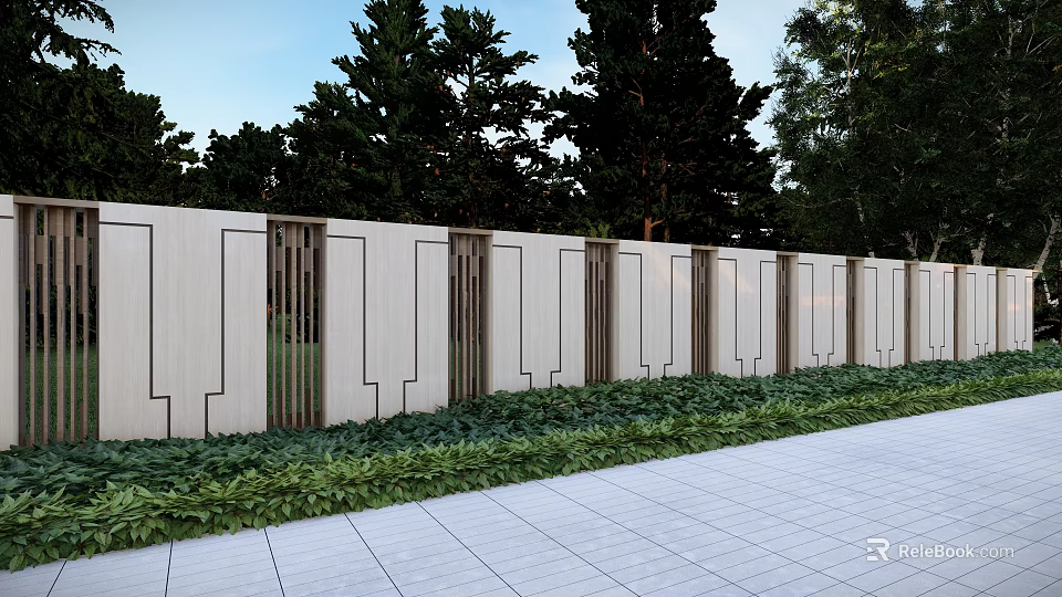 Garden Landscape Design With White Walls Wooden Slats Green Plants And Stone Pathway 3d model 