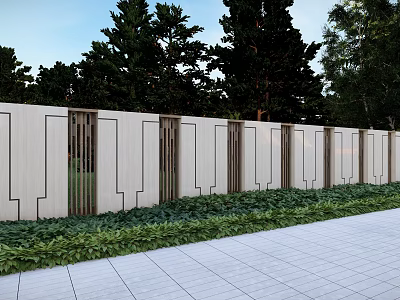 Garden Landscape Design With White Walls Wooden Slats Green Plants And Stone Pathway 3d model