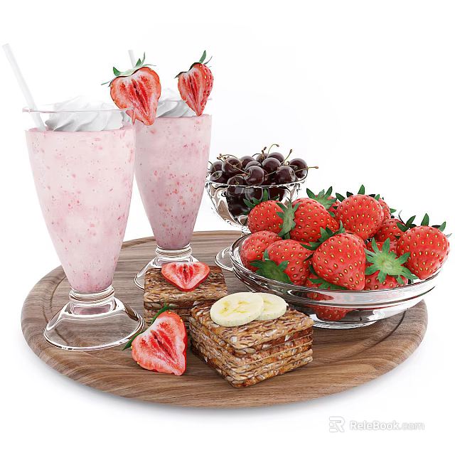 Fresh Strawberry Milkshakes with Cherries Strawberries Banana Slices and Whole Grain Crackers on Wooden Tray 3d model 