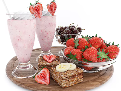 Fresh Strawberry Milkshakes with Cherries Strawberries Banana Slices and Whole Grain Crackers on Wooden Tray 3d model