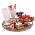Fresh Strawberry Milkshakes with Cherries Strawberries Banana Slices and Whole Grain Crackers on Wooden Tray