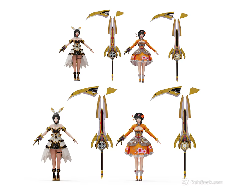 Female Game and Movie Characters With Various Costumes And Ornate Polearm Weapons 3d model 