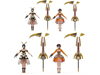 Female Game and Movie Characters With Various Costumes And Ornate Polearm Weapons 3d model