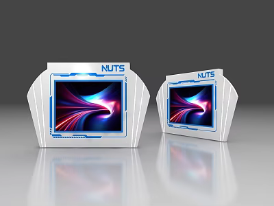White Display Shelves With NUTS Logo And Colorful Screens For Product 3d model