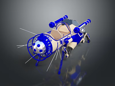 Blue And White Mechanical Robot With Insect Like Legs And Antenna Structures 3d model