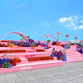 Floral Installation With Pink Stairs Arch Decoration And Colorful Flowers Under Blue Sky