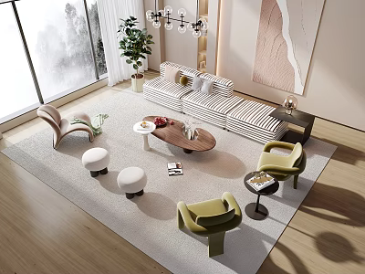 Elegant Modern Living Room Sofa Coffee Table Set With Accent Chairs Area Rug And Artwork 3d model