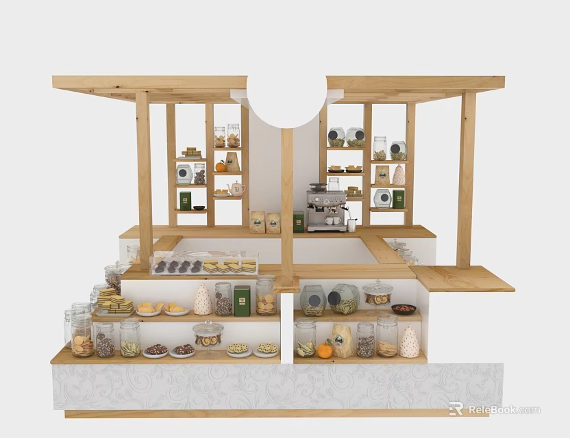 Commercial Retail Food Display Equipment With Wooden Shelves Coffee Beans Jars Fruits And Bread 3d model 