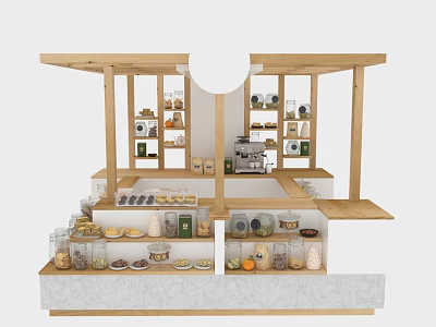 Commercial Retail Food Display Equipment With Wooden Shelves Coffee Beans Jars Fruits And Bread 3d model