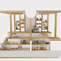 Commercial Retail Food Display Equipment With Wooden Shelves Coffee Beans Jars Fruits And Bread