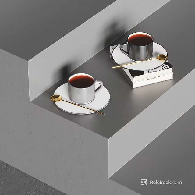 Hot Coffee Drinks In Ceramic Mugs On Gray Steps With Books And Spoons 3d model 