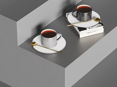 Hot Coffee Drinks In Ceramic Mugs On Gray Steps With Books And Spoons 3d model