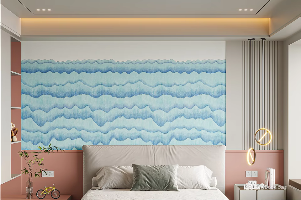 Elegant Bedroom Bed Background Wall With Blue Wavy Pattern Soft Pink Walls And Decorative Pillows 3d model 