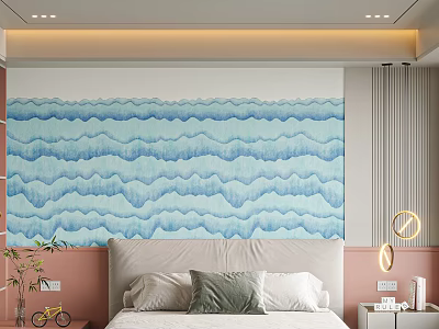 Elegant Bedroom Bed Background Wall With Blue Wavy Pattern Soft Pink Walls And Decorative Pillows 3d model