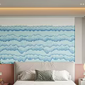 Elegant Bedroom Bed Background Wall With Blue Wavy Pattern Soft Pink Walls And Decorative Pillows