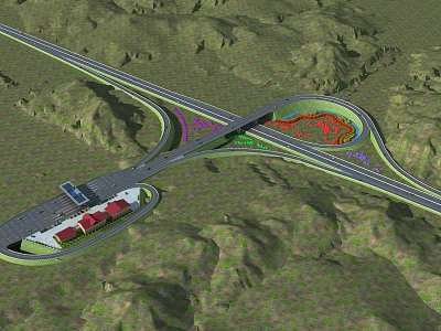 Scenic Mountainous Area Highway Interchange Bridge With Service Area Green Belts And Road Network 3d model