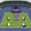 Football Stadium Featuring Arched Roof Stand Seats Purple Central Stage Green Pitch And Blue Track