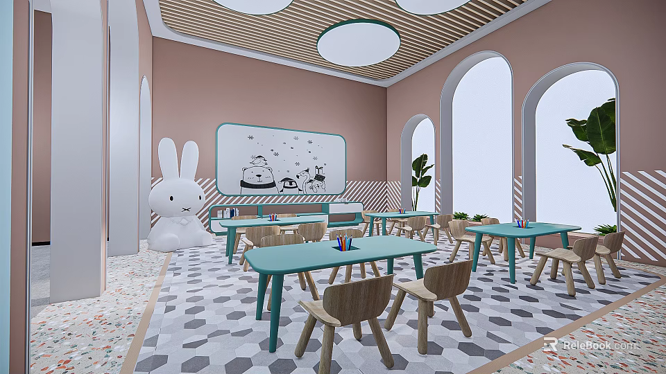 Cheerful Kindergarten Interior With Pink Walls Arched Windows Green Tables Wooden Chairs And Rabbit Figure 3d model 