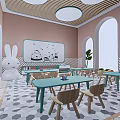 Cheerful Kindergarten Interior With Pink Walls Arched Windows Green Tables Wooden Chairs And Rabbit Figure