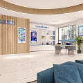 Modern Hotel Lobby With Large Blue Digital Screen Blue Sofas Wooden Decor And Green Plants