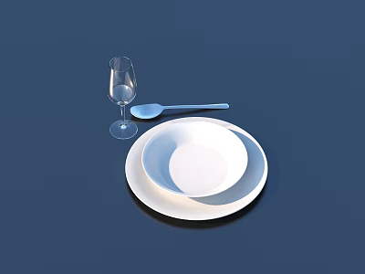 Tableware Set With White Plate Bowl Silver Spoon And Transparent Wine Glass On Dark Blue 3d model