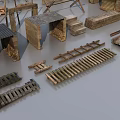 Public Facilities Components Featuring Wooden Benches Metal Railings Street Lamps and Signage