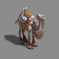 Armored Camel With Decorative Saddle Colorful Blanket Leather Tassels Standing Pose