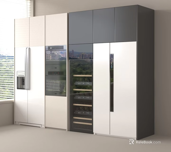 Modern Kitchen Integrated Cabinetry With Refrigerator Freezer And Glass Door Storage 3d model 