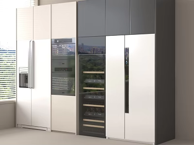 Modern Kitchen Integrated Cabinetry With Refrigerator Freezer And Glass Door Storage 3d model