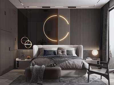Modern Bedroom Interior With Circular Illuminated Decor Striped Walls King Bed Nightstands And Table Lamps 3d model